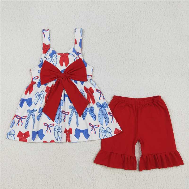 GSSO1952 National Day bow pattern red lace sleeveless shorts set