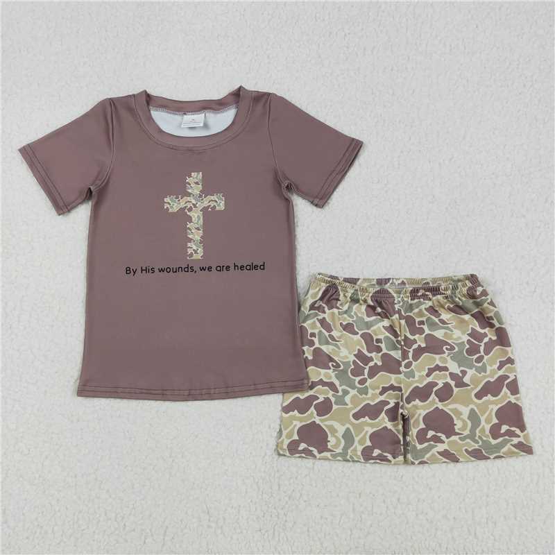 BSSO1134 Camouflage cross brown short-sleeved shorts set