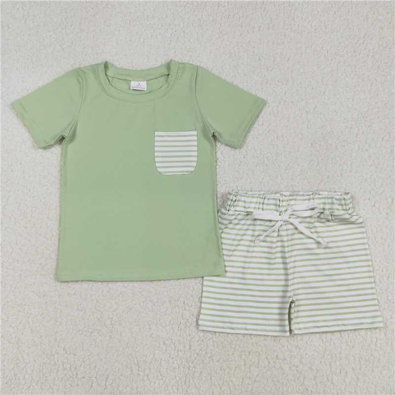 BSSO1103 Striped pocket green short-sleeved shorts set