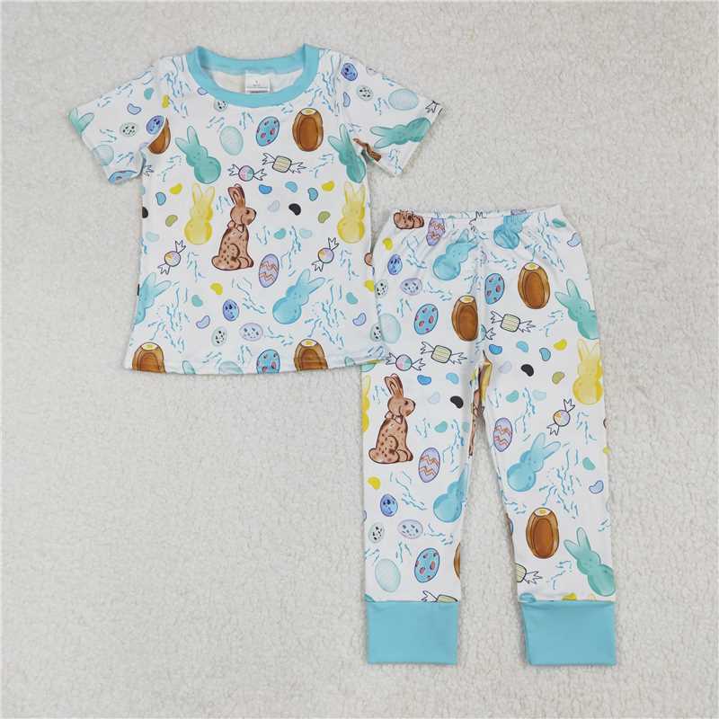 3.5 BSPO0557 Easter bunny egg candy blue and white short-sleeved long pants pajama set