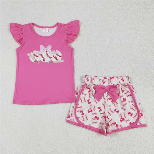 GSSO1685 Bow knot baseball rose red flying sleeve shorts set