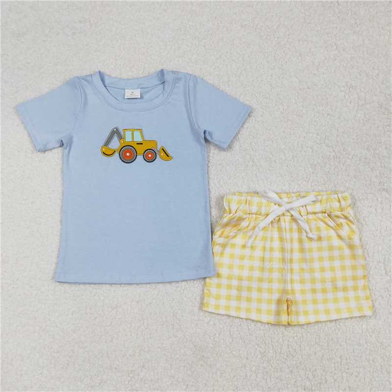 BSSO1117 Embroidery Engineering Vehicle Excavator Blue Short Sleeve Yellow Plaid Shorts Set