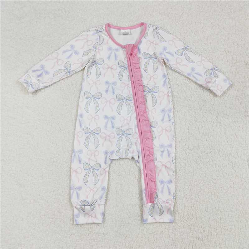 LR2158 Powder blue bow pattern lace zipper long sleeve jumpsuit