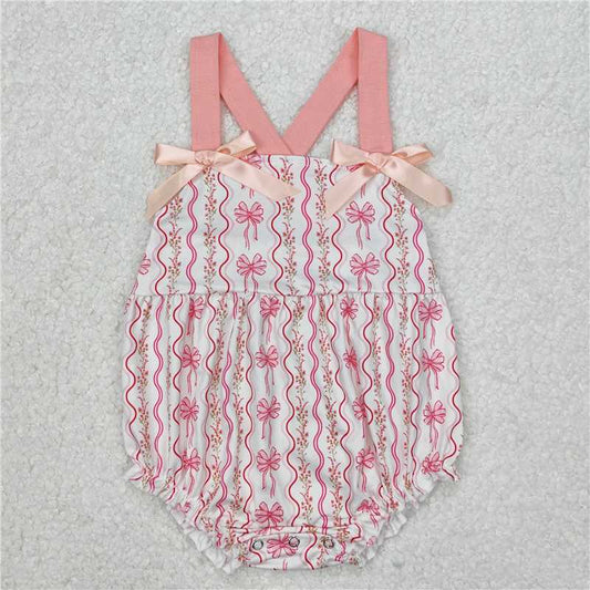 3.11 SR2704 Pink bow floral wavy vertical stripes lace white camisole jumpsuit