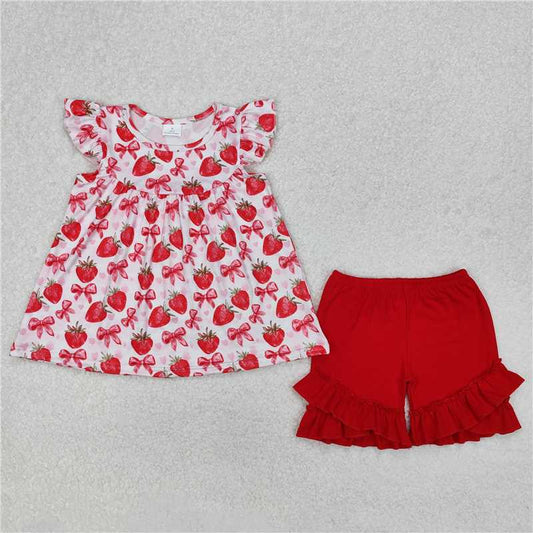 3.10 GSSO1902 Red shorts set with heart strawberry bow pattern and flying sleeves
