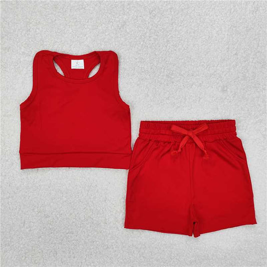 3.17  GSSO2131 Solid red sleeveless shorts yoga set