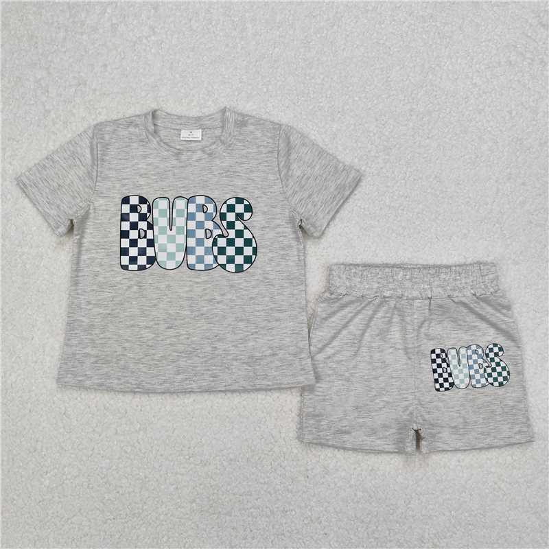 3.18 BSSO1304 Offset bubs color checkered lettering grey short-sleeved shorts set