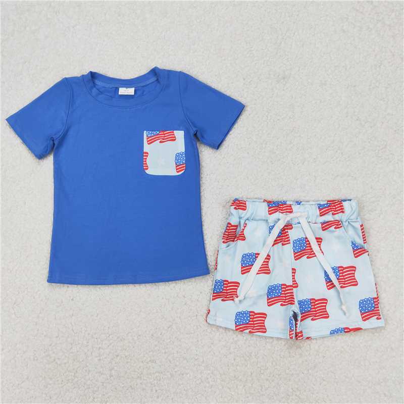 3.18  BSSO1258 National Day flag star pocket blue short-sleeved shorts suit