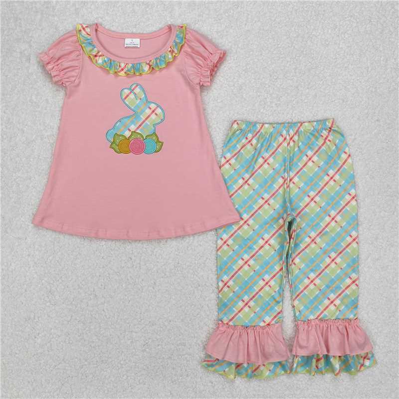 3.24  GSPO0974 Embroidered bunny lace pink short-sleeved colorful plaid trousers suit