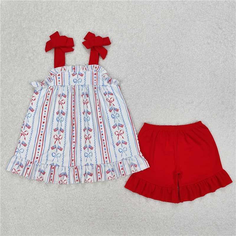 3.17 GSSO1786 National Day flag bow pattern striped suspenders red shorts suit