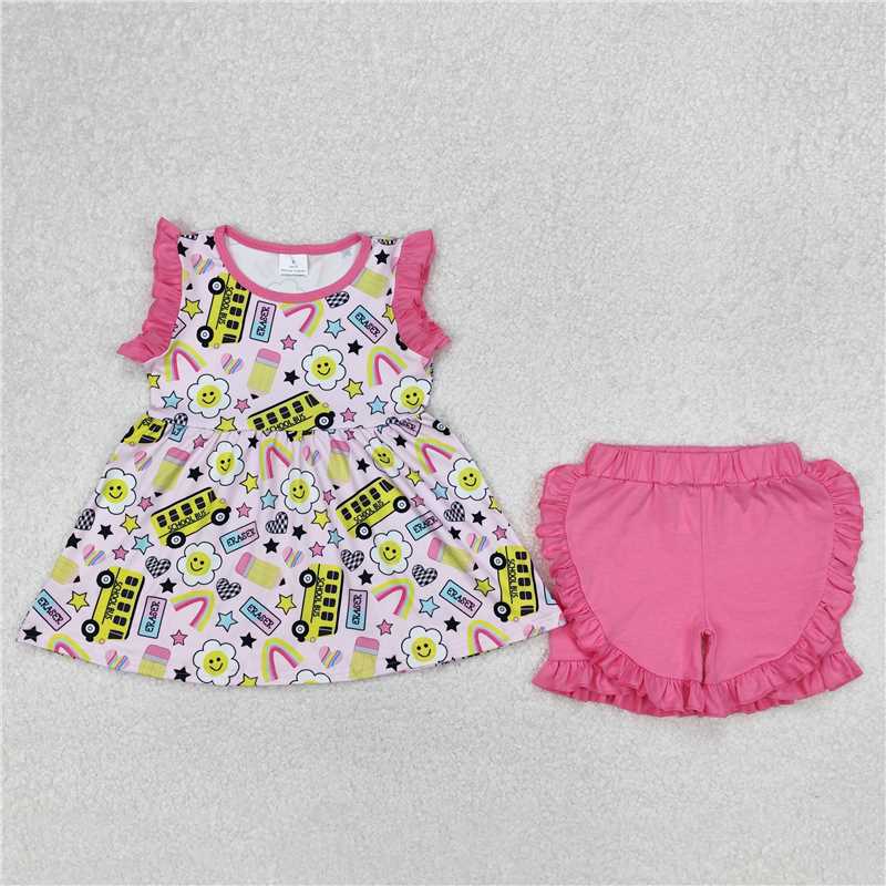3.10 GSSO1912 Flower school bus pencil rainbow star pink lace sleeveless shorts set