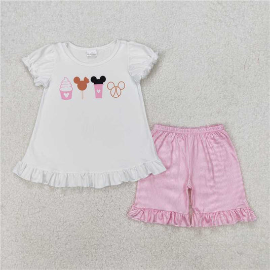 3.17 GSSO2127 Mickey Ice Cream White Short Sleeve Pink Plaid Shorts Set