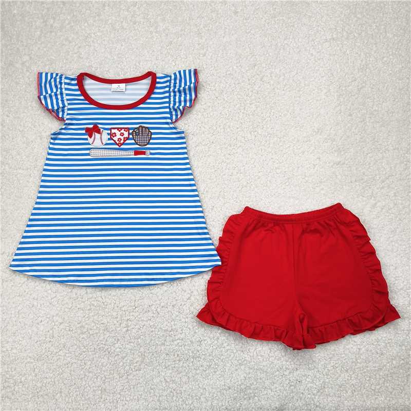 4.11  GSSO2348 Embroidered Baseball Glove Blue Striped Flying Sleeve Red Shorts Set
