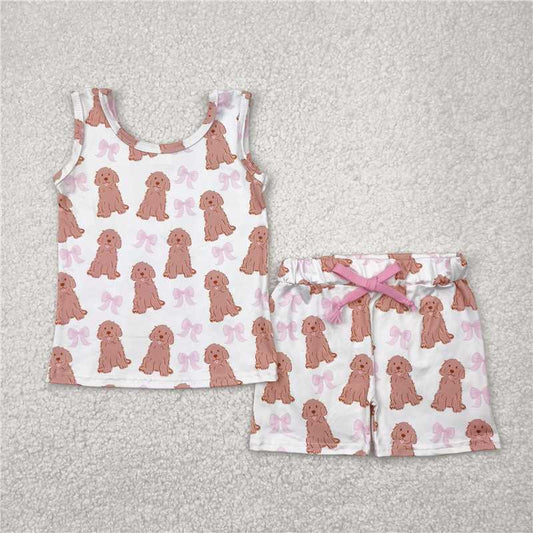 4.22 GSSO2475 White sleeveless shorts set with pink puppy and bow pattern