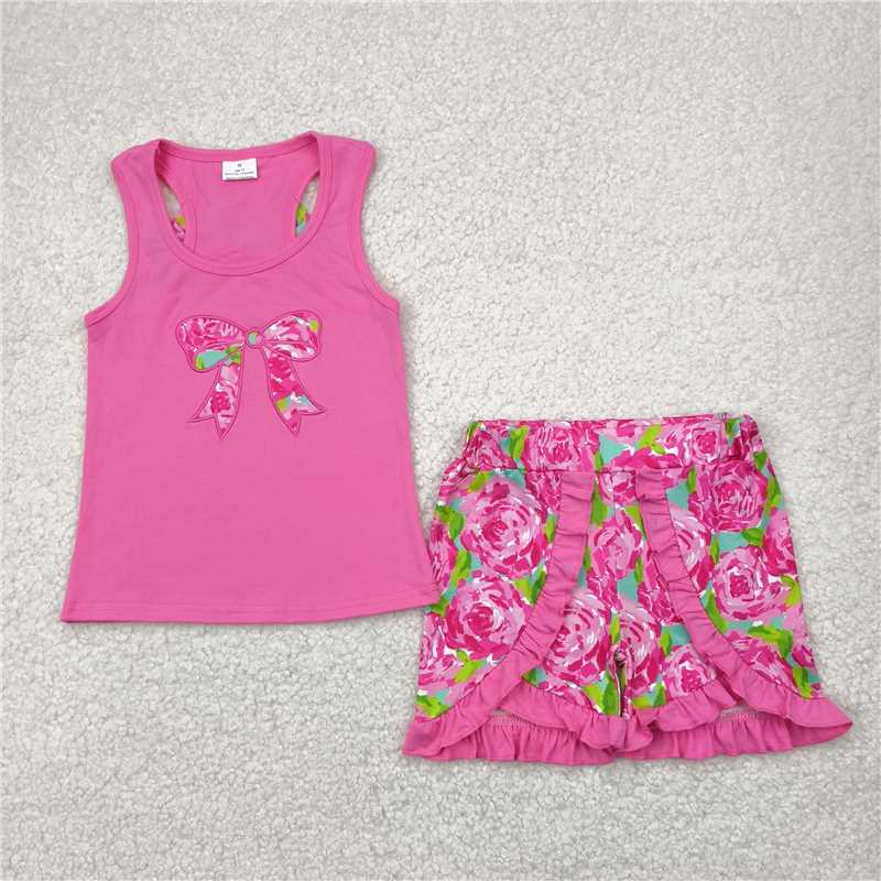 4.22 GSSO1605 Embroidered flower, leaf, bowknot rose red vest and shorts set