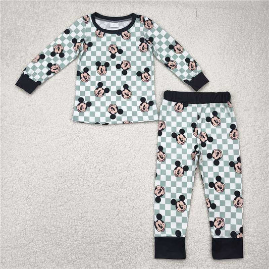 6.24  BLP0937 Mickey green plaid long-sleeved trousers pajama set