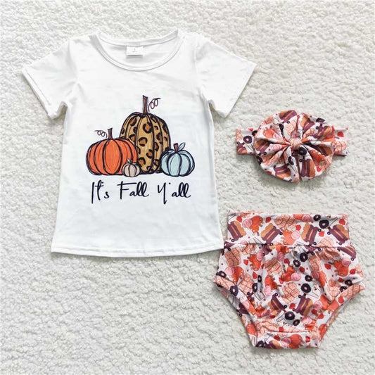 GBO0182 it's fall y'all pumpkin white short sleeve briefs set