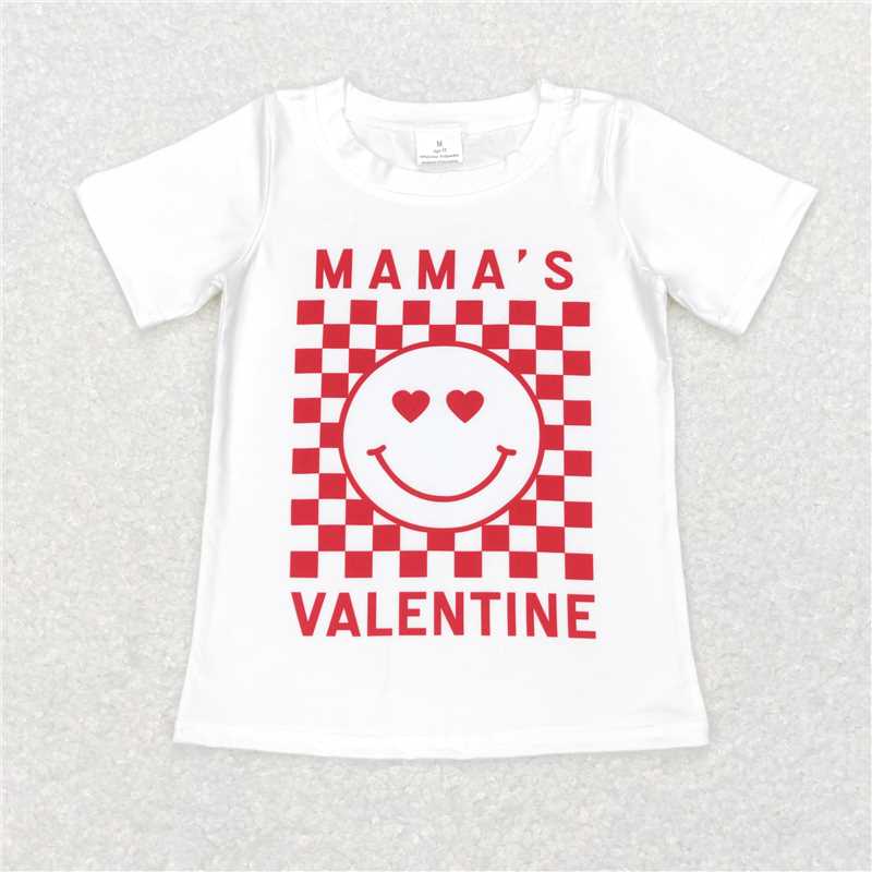 BT0445 mama's valentine letter smiley red plaid white short-sleeved top