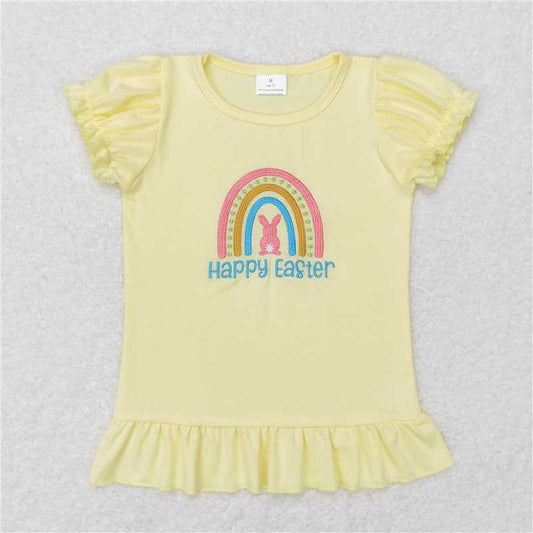 GT0392 happy easter embroidered letter bunny rainbow yellow lantern sleeve short sleeve top