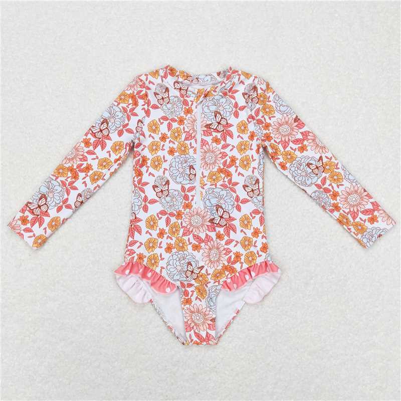 S0184 Flower Butterfly White Zip Long Sleeve One Piece Swimsuit