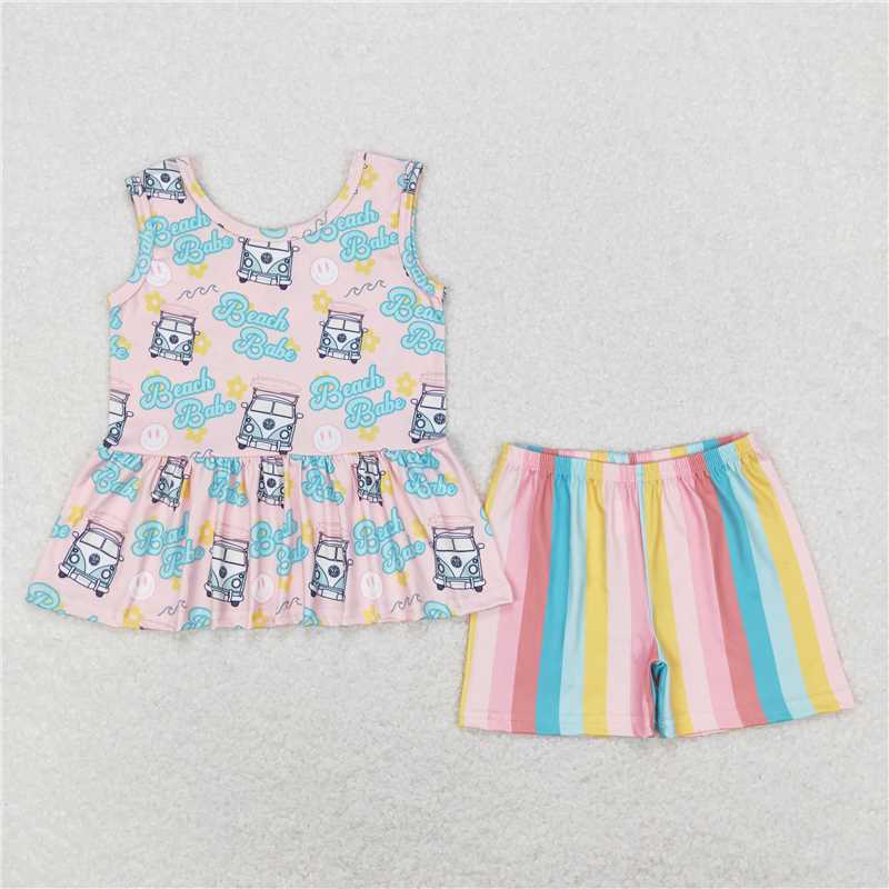 GSSO0504 beach babe smiley bus sleeveless colorful striped shorts suit