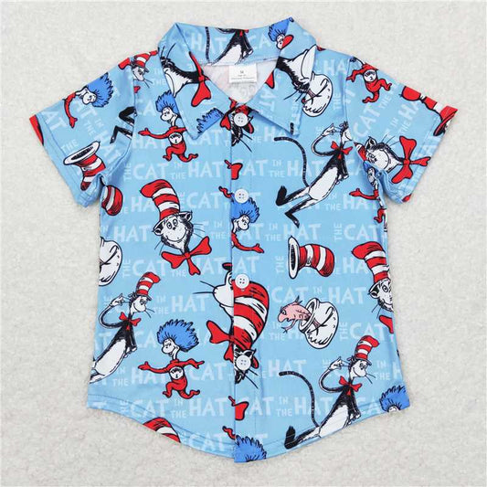 BT0491 dr seuss letter blue button short sleeve top