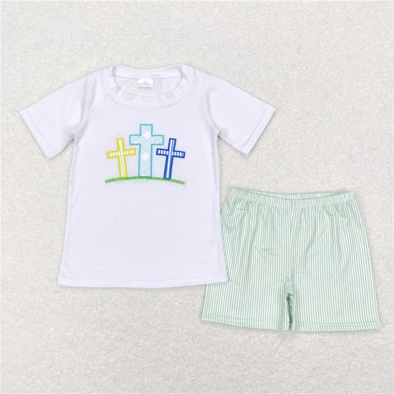 BSSO0337 Embroidered cross white short-sleeved green striped shorts suit