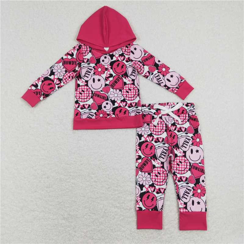 GLP1126 xoxo cowgirl smiley heart rose red hooded long-sleeved cow pattern trousers suit