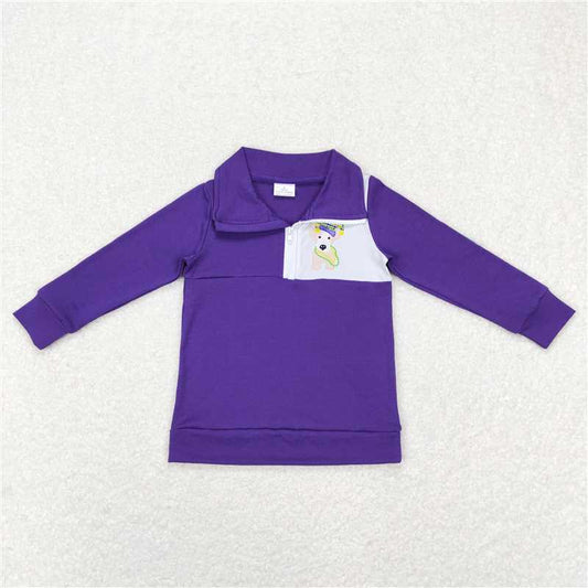 BT0492 Mardi Gras Puppy Plaid Purple Zip Long Sleeve Top