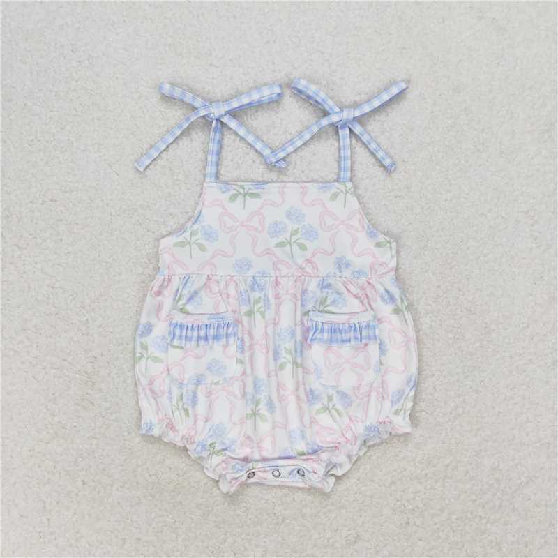 SR1482 Blue floral pink bow pattern plaid lace tank top jumpsuit