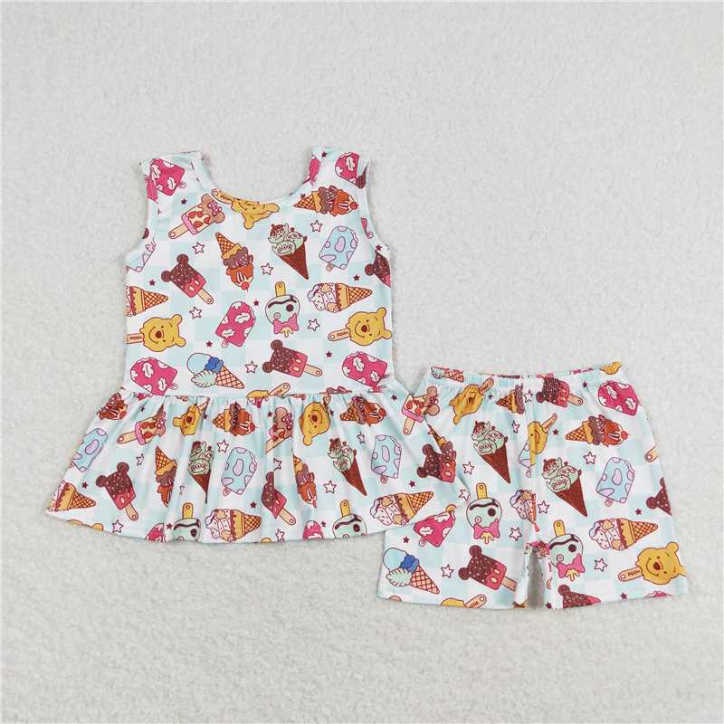 GSSO1278 Ice Cream Cartoon Winnie the Pooh Plaid Sleeveless Shorts Set