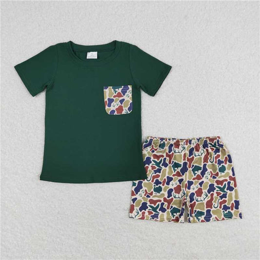 BSSO0923 Duck Brown and Green Camouflage Pocket Short Sleeve Shorts Set