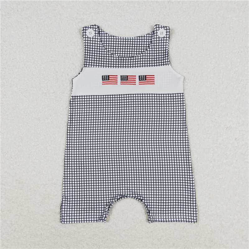 SR1001 Embroidered flag black and white plaid sleeveless jumpsuit