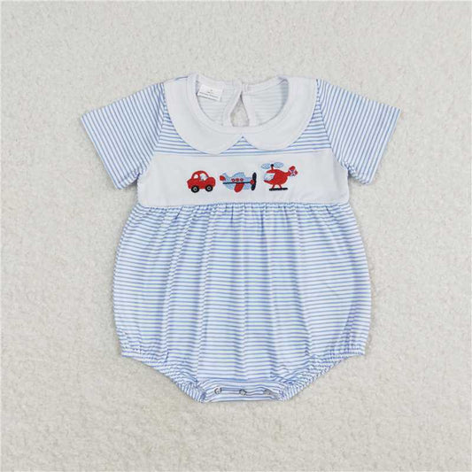 SR1152 Embroidered car, airplane and helicopter blue striped doll collar short-sleeved jumpsuit