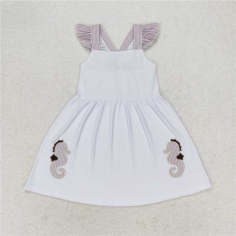 GSD1111 Embroidered seahorse striped flying sleeve white dress