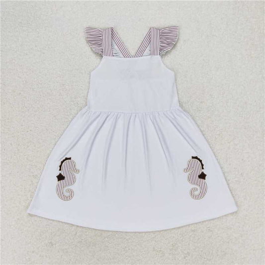 GSD1111 Embroidered seahorse striped flying sleeve white dress