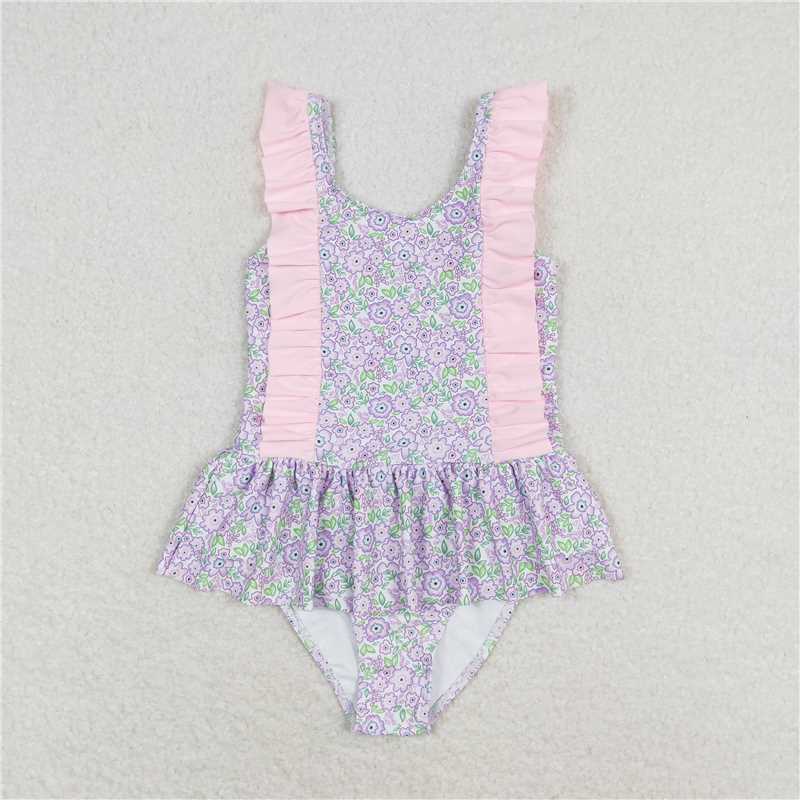 S0331 Pink and purple floral lace one-piece swimsuit