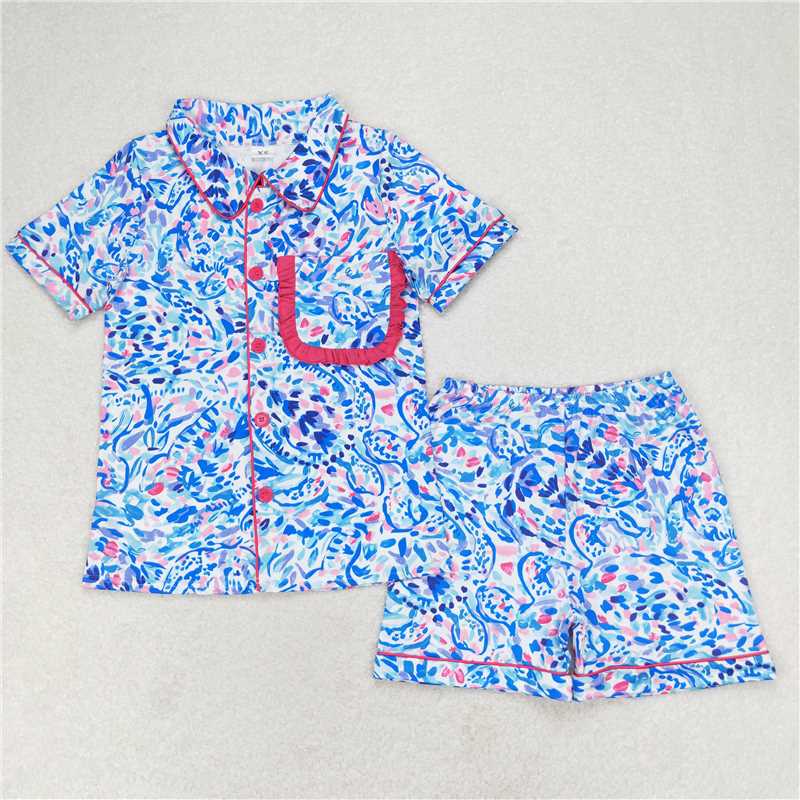 4.10 GSSO1097 Adult female turtle deep sea pattern rose red lace short-sleeved shorts pajamas set