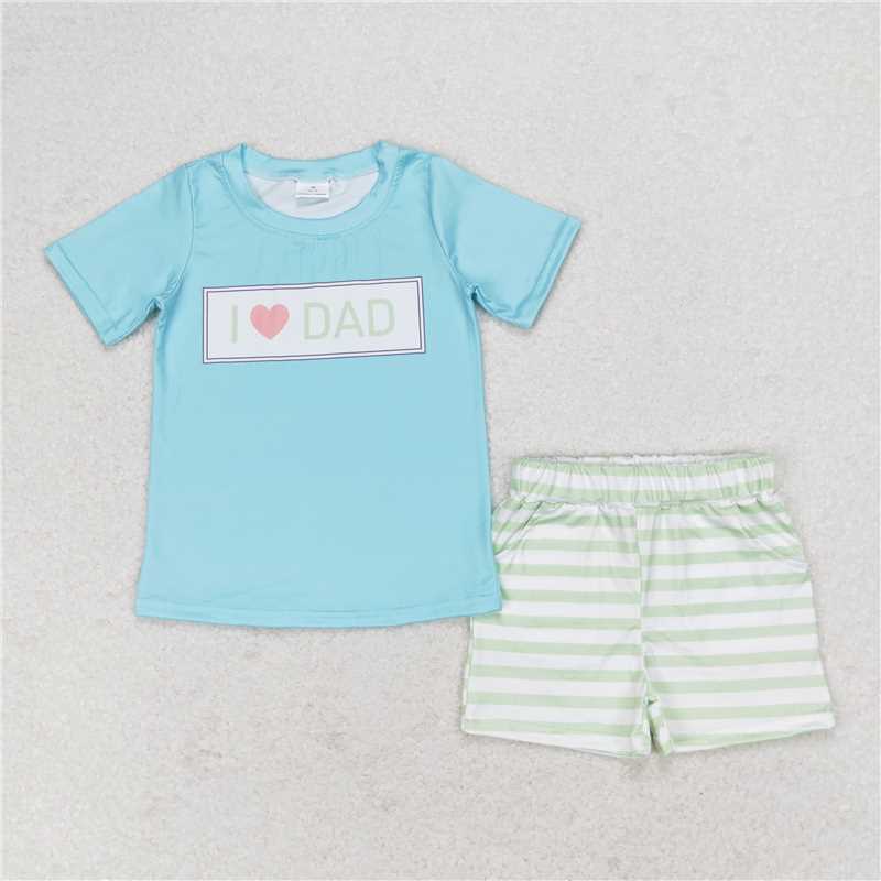 BSSO0878 I love dad letter blue short sleeve green striped shorts suit