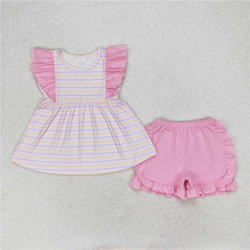 GSSO0976 Blue and yellow wavy line striped pink lace sleeveless shorts suit