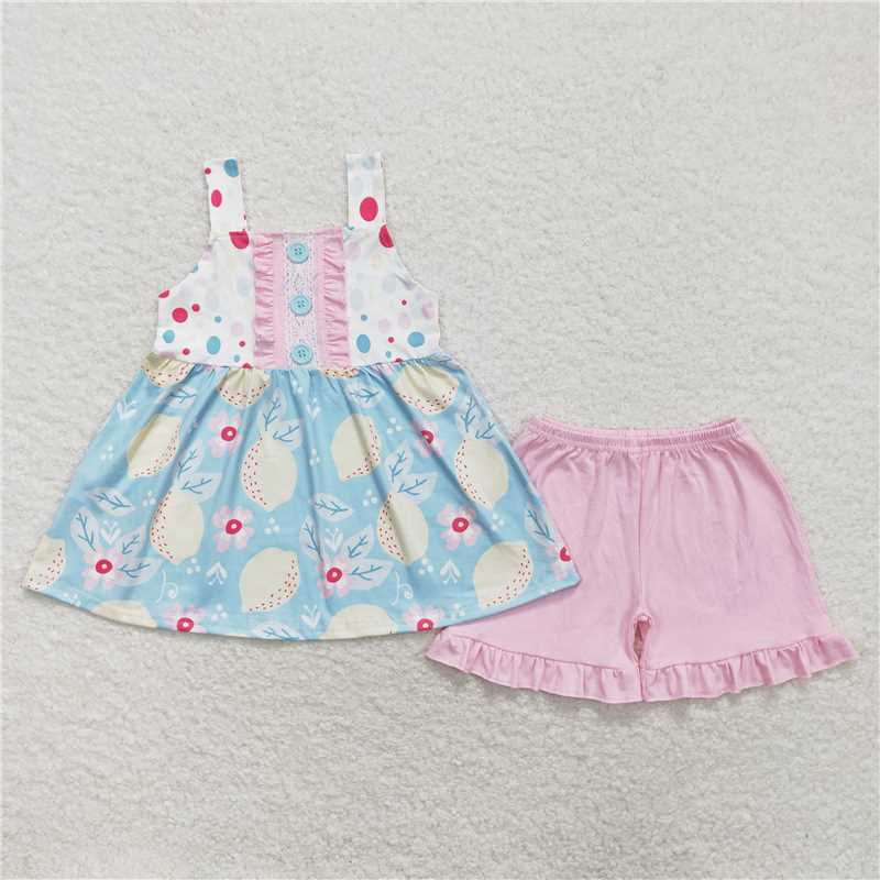 GSSO1133 Lemon flower sleeveless pink shorts set