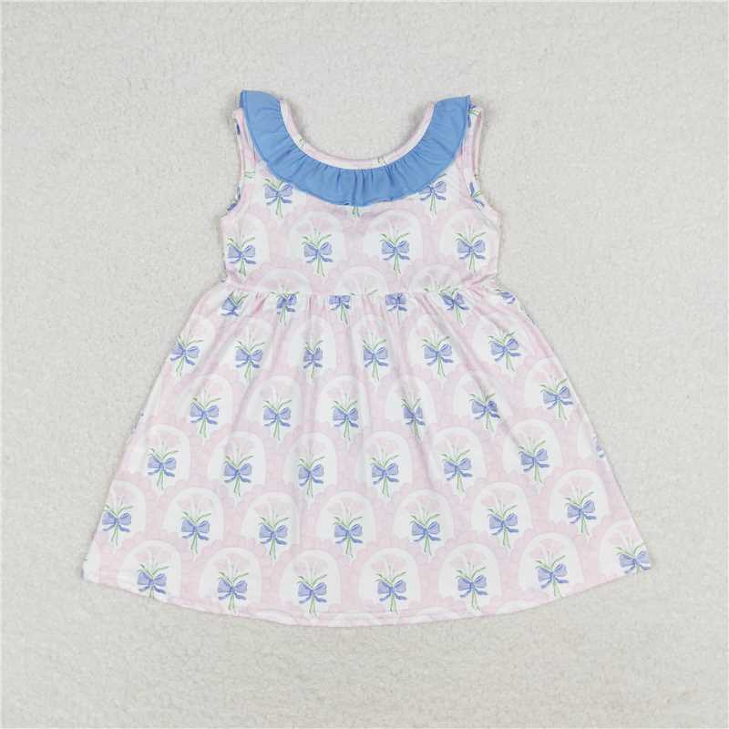 GSD0909 Pink flower blue lace bow sleeveless dress