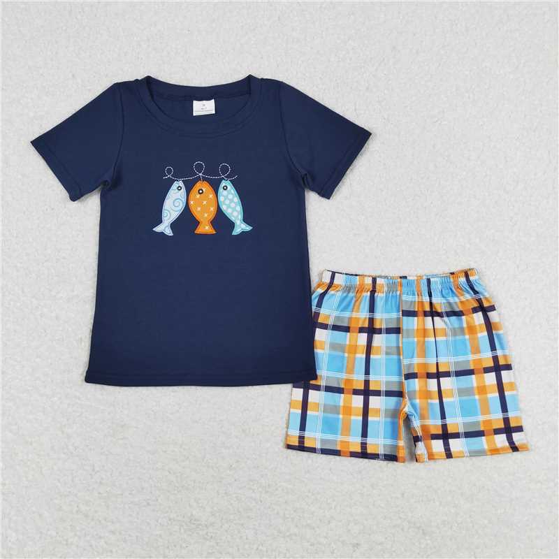 BSSO0465 Embroidered fishing navy blue short-sleeved plaid shorts set