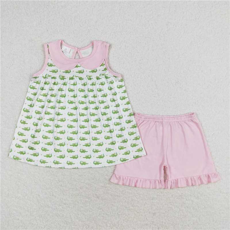 GSSO0654 Crocodile Pink Doll Collar White Sleeveless Shorts Set