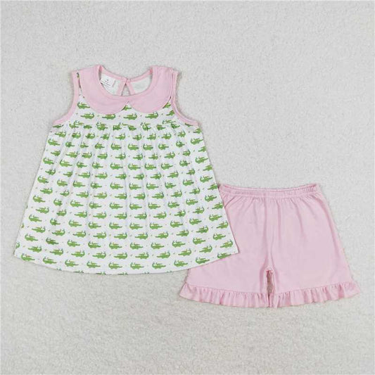 GSSO0654 Crocodile Pink Doll Collar White Sleeveless Shorts Set