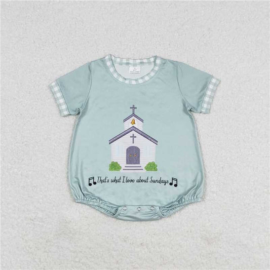 SR1530 Church letter blue green plaid short sleeve jumpsuit