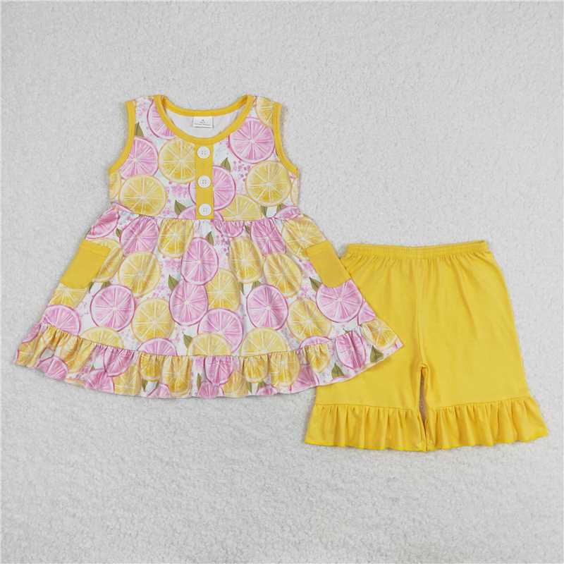 GSSO1079 Yellow sleeveless shorts set with orange fruit pattern