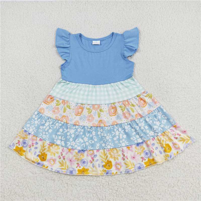 GSD1073 Flower patchwork blue flying sleeve dress