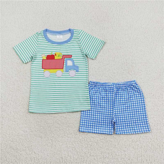 BSSO0978 Pencil Apple Truck Green Striped Short Sleeve Plaid Shorts Set