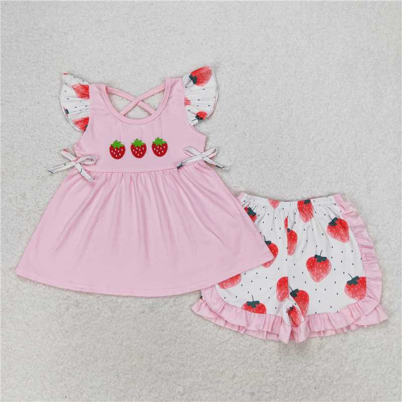 GSSO1054 Embroidered strawberry pink flying sleeve shorts set